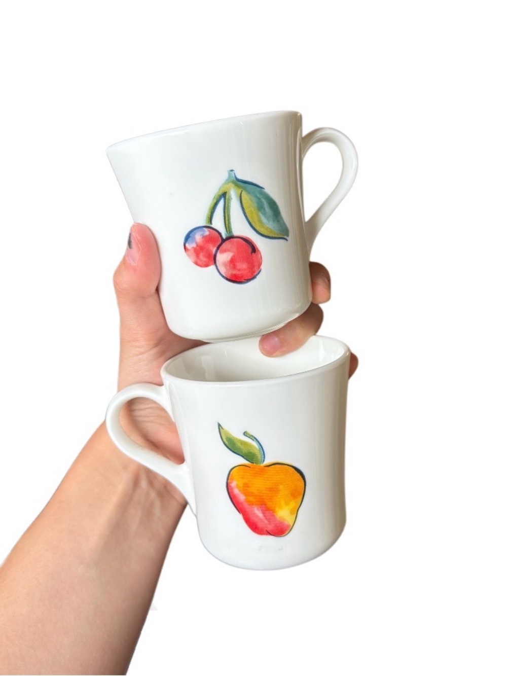 White Fruit Pattern Ceramic Mugs – Set of 2